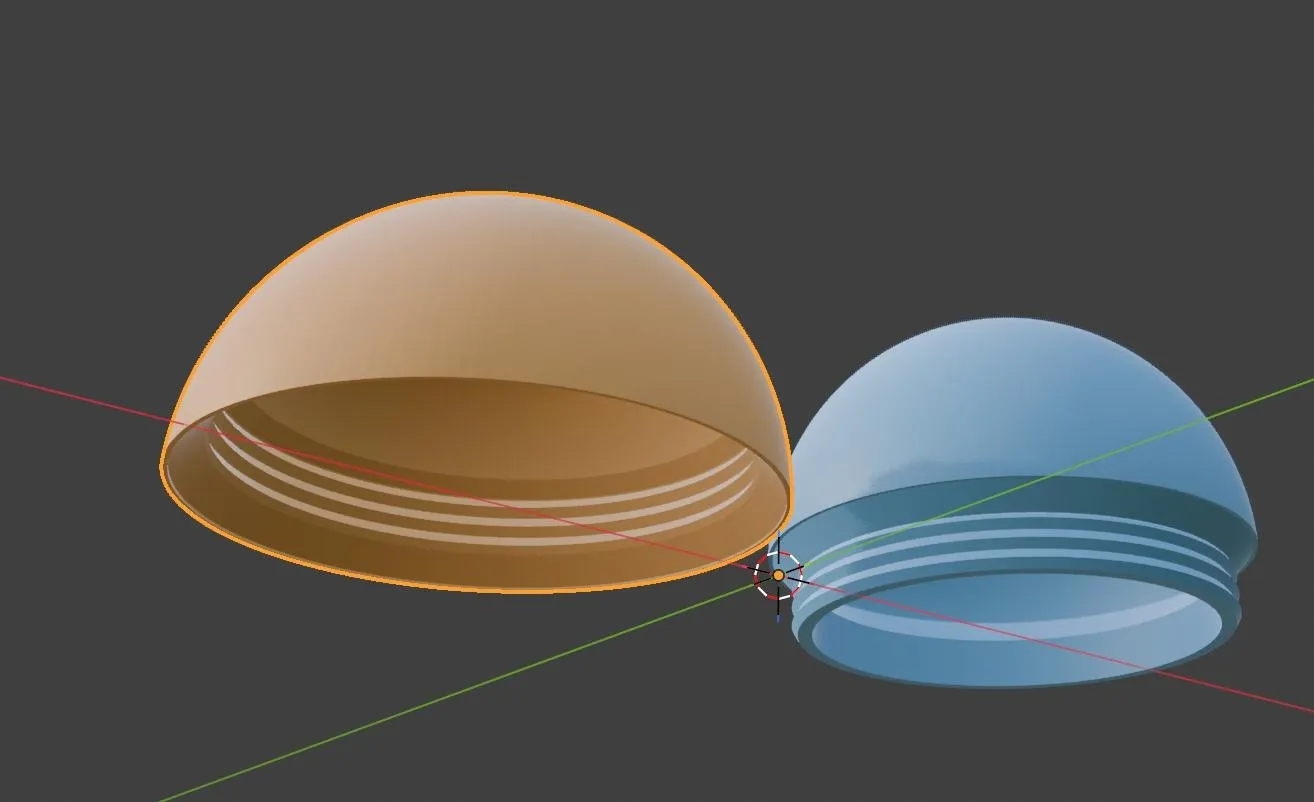 CAD render of the two halves: one with the recessed threaded neck, the other with the matching threaded bore