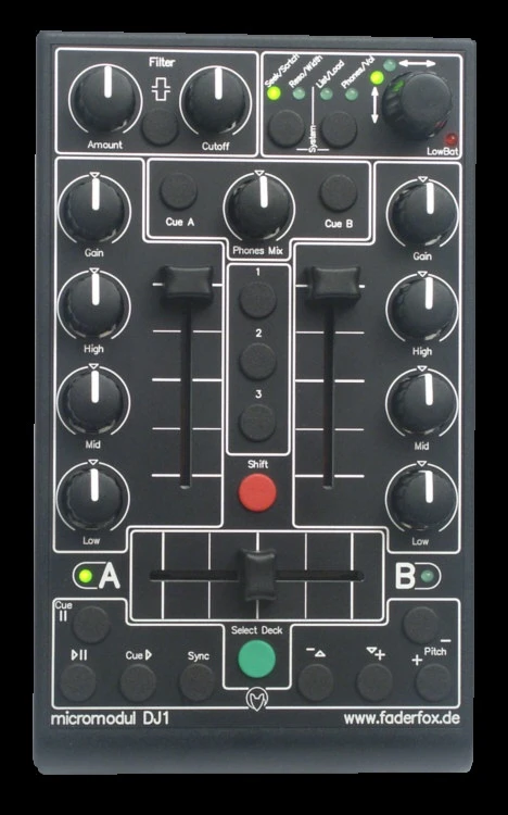 A first-generation Faderfox micromodul DJ1 controller seen from above: black faceplate, two channel faders, a crossfader, EQ knobs, a red Shift button and a green Select Deck button