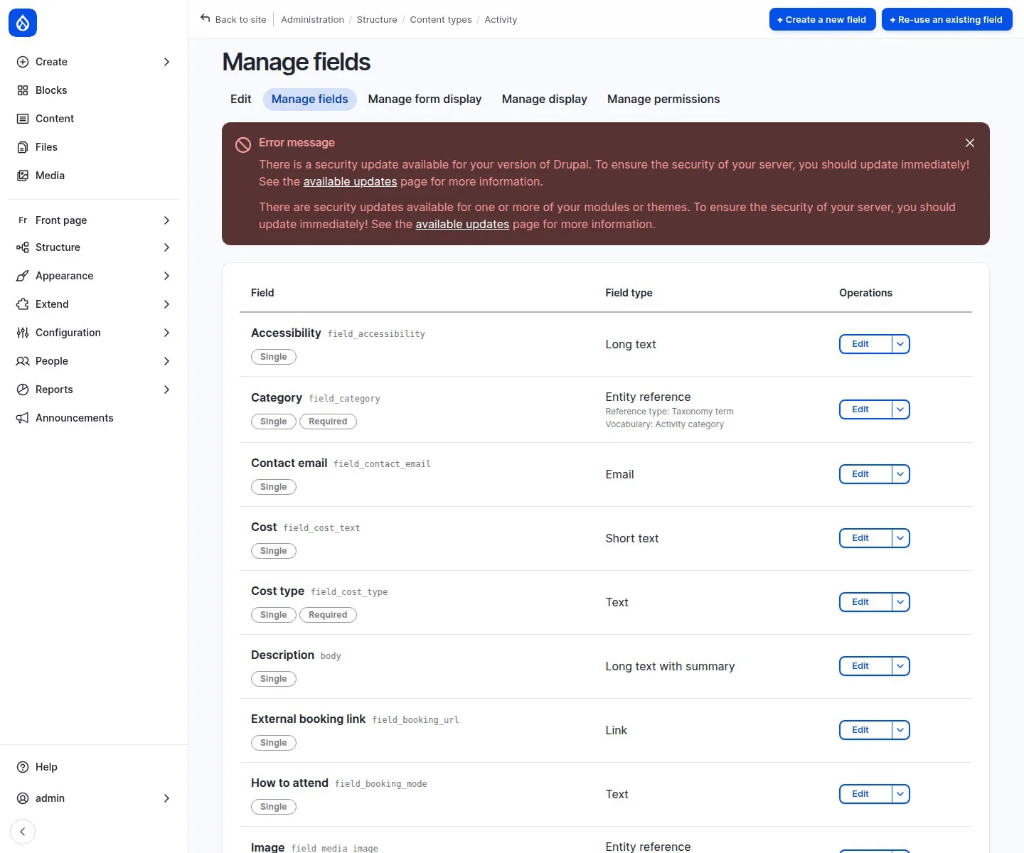 Drupal's Manage fields screen for the Activity content type: Accessibility, Category, Contact email, Cost, Cost type, Description, External booking link, How to attend, Image