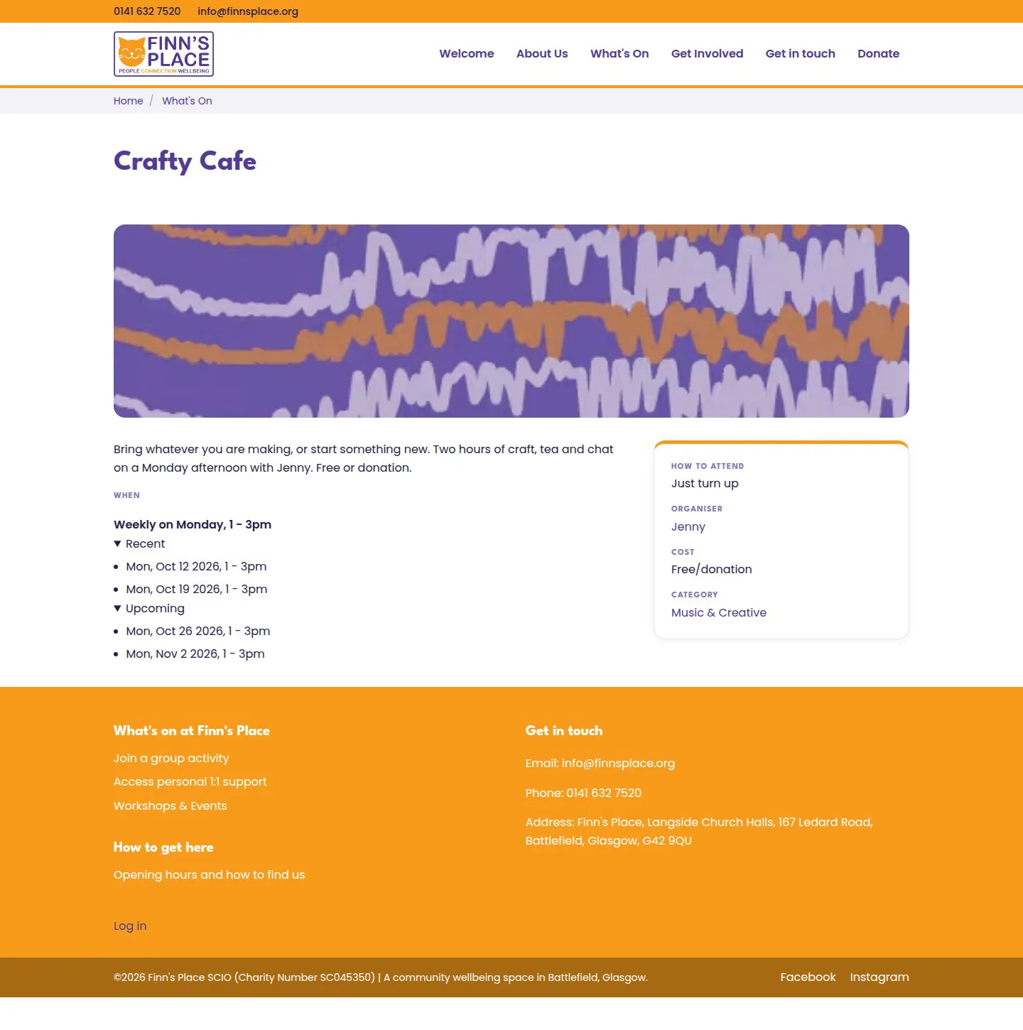 The Crafty Cafe activity page: description and upcoming dates on the left, a card on the right with how to attend, organiser, cost and category