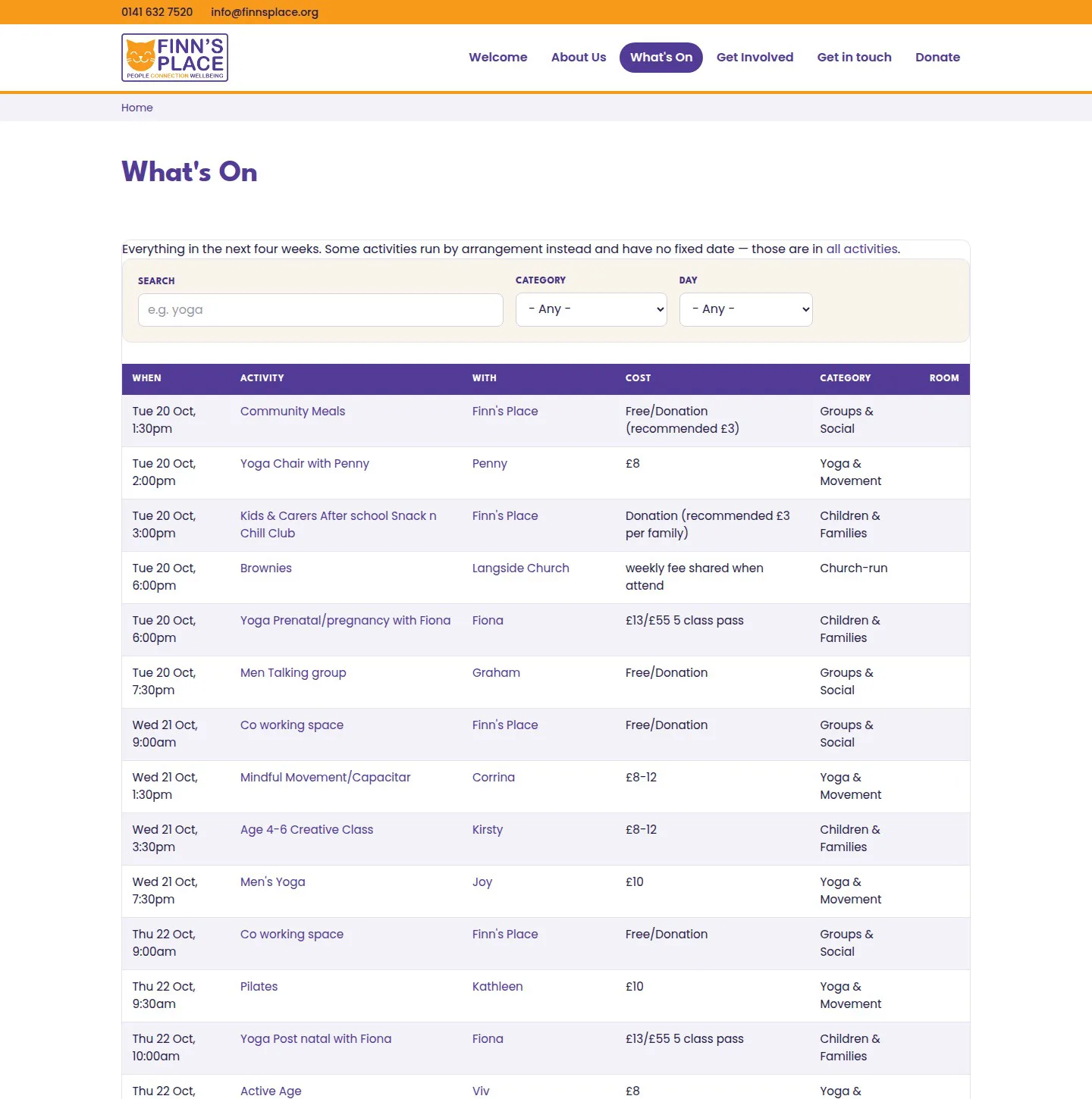 The What's On diary: a table of upcoming dates with activity, organiser, cost and category columns