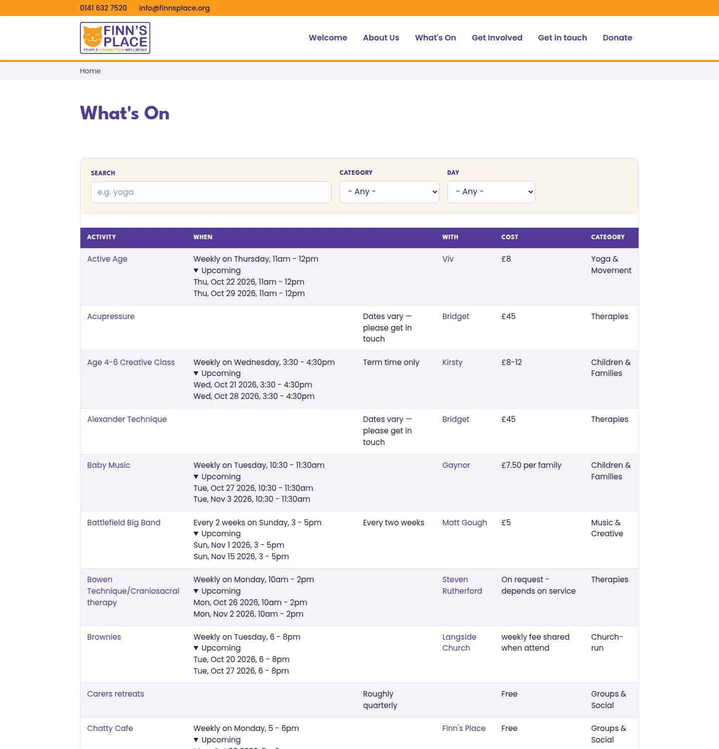 The activities directory: one row per activity with its recurrence written out in words, including Dates vary, please get in touch