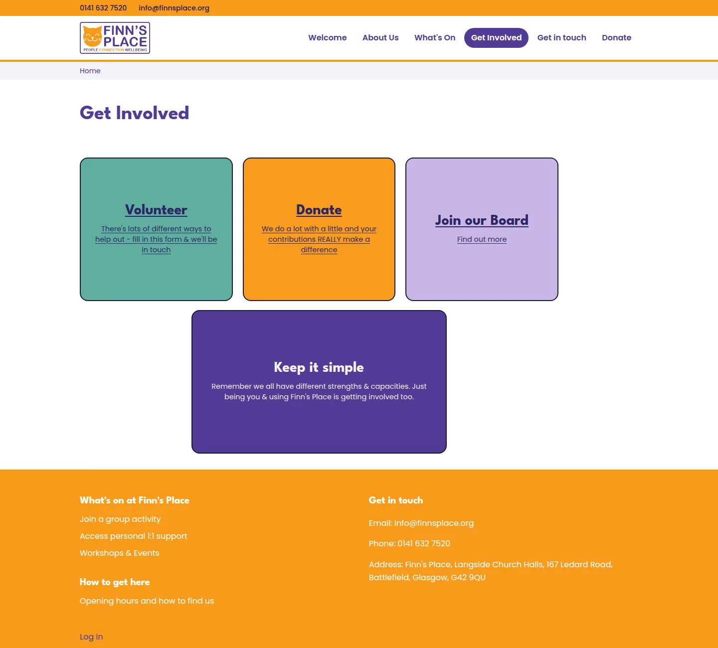The rebuilt Get Involved page: Volunteer, Donate, Join our Board and Keep it simple as coloured text tiles above the orange footer