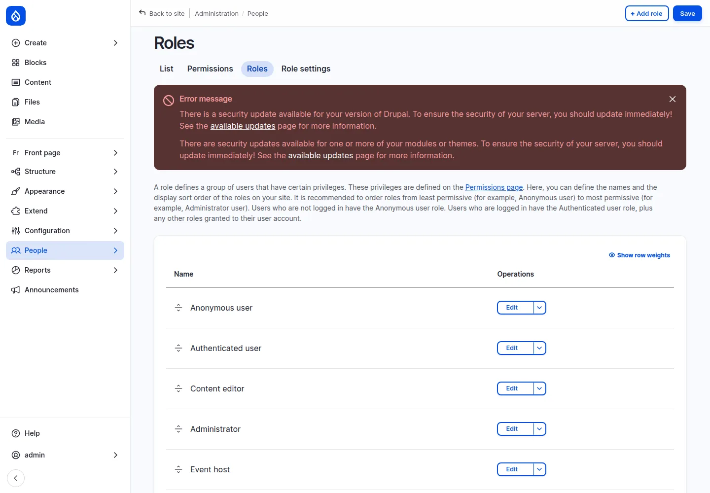 The Roles admin page listing Anonymous user, Authenticated user, Content editor, Administrator and Event host