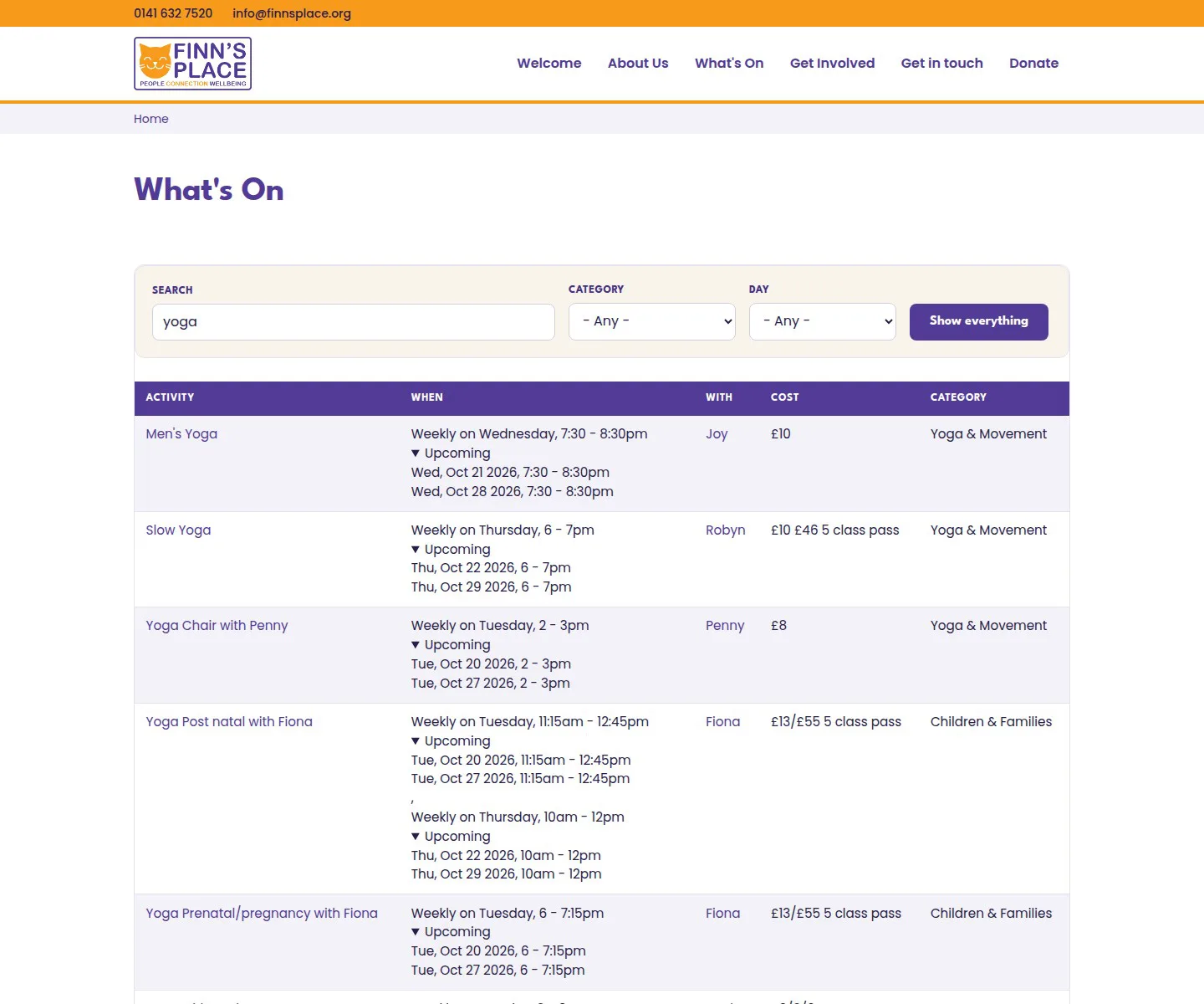 The activities page filtered by the search term yoga, listing six yoga classes with their next dates