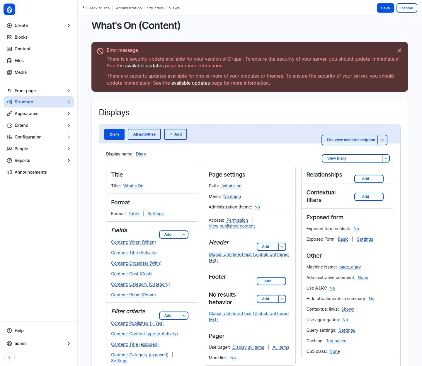 The What's On view in Drupal's Views UI, showing its displays, fields, filter criteria and exposed form settings