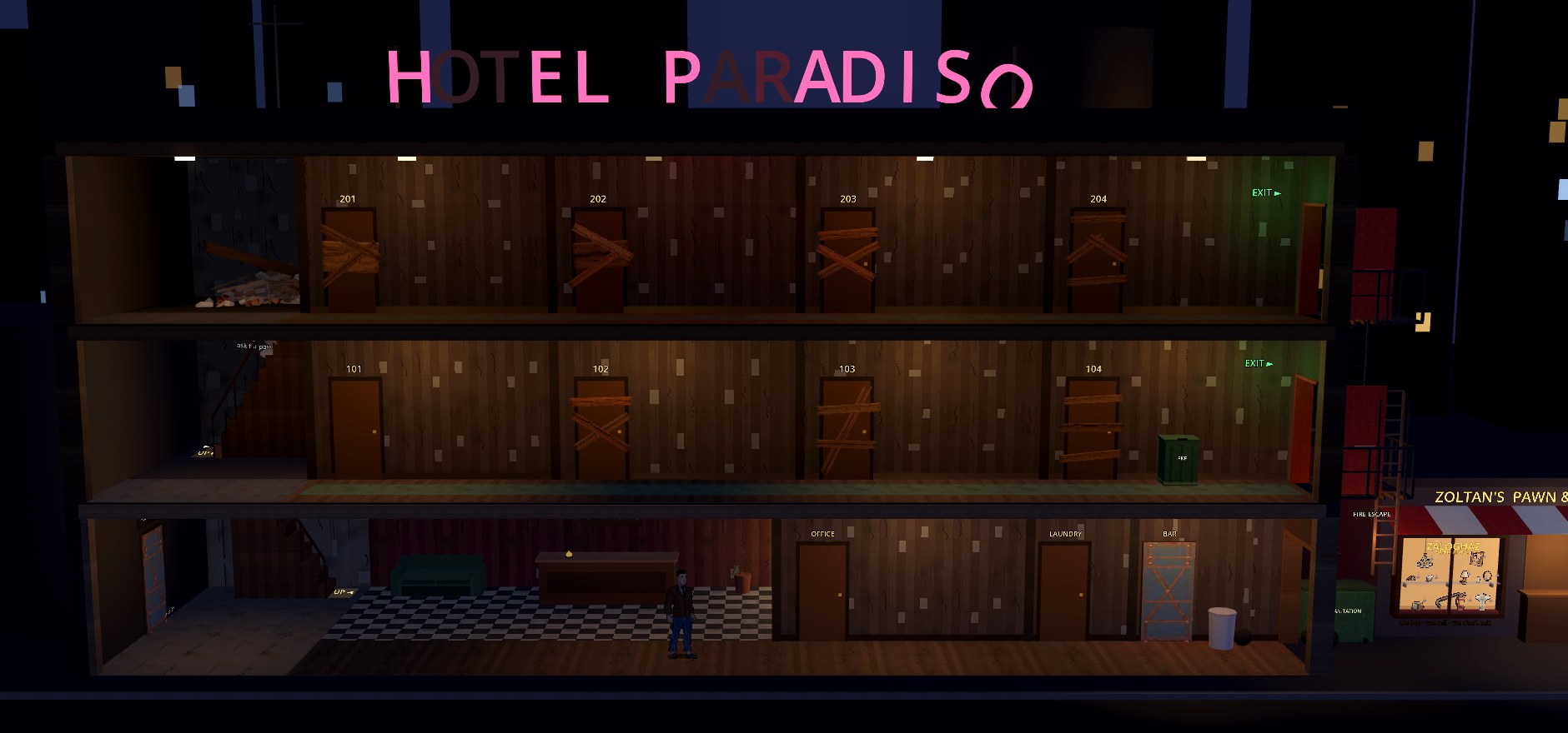 Hotel Paradiso game screen: a cross-section of the three-floor hotel at night, the neon sign above, the lobby lit and every room on the upper floors boarded up or condemned