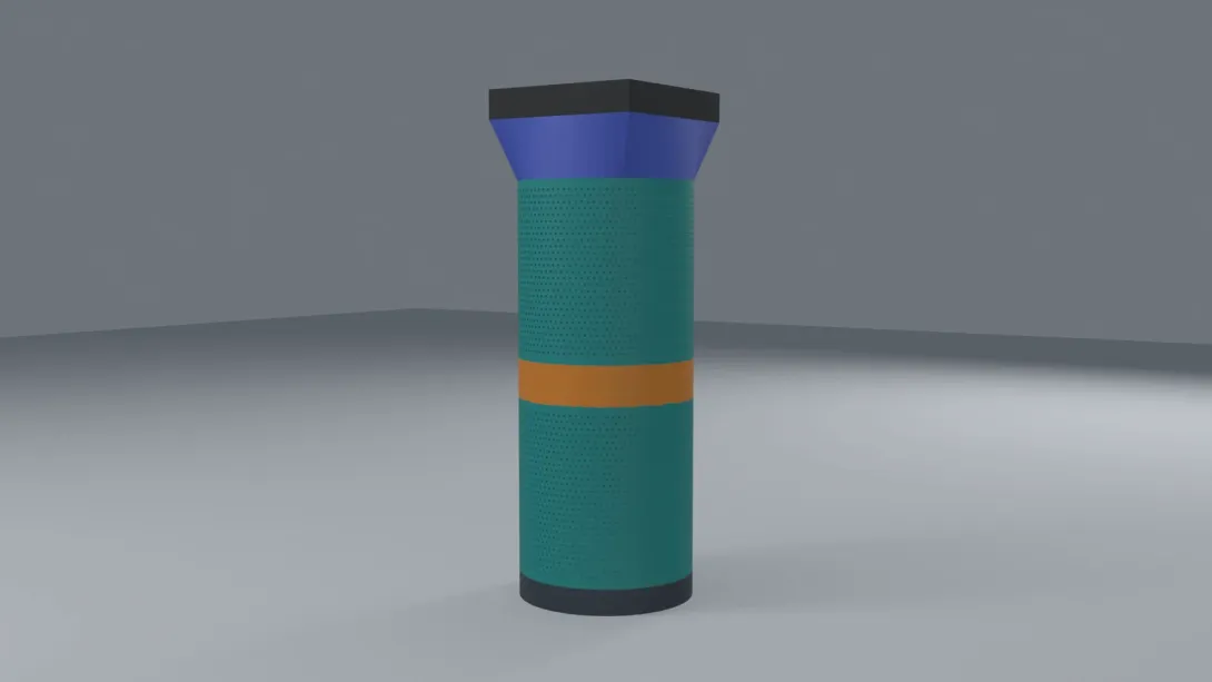 Render of the assembled filter: a tall teal perforated cylinder in two sections joined by an orange coupler, on a dark base, with a blue flared lid and black fan on top