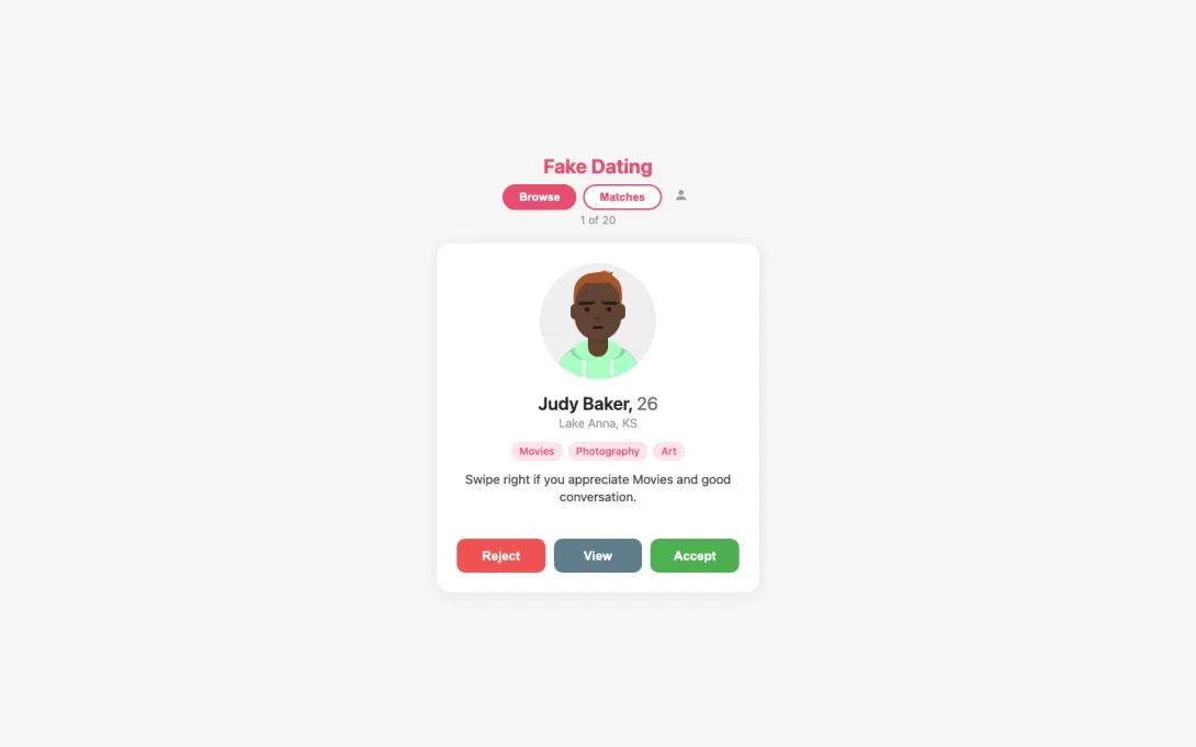 fake.dating browse screen showing a profile card with Reject, View and Accept buttons