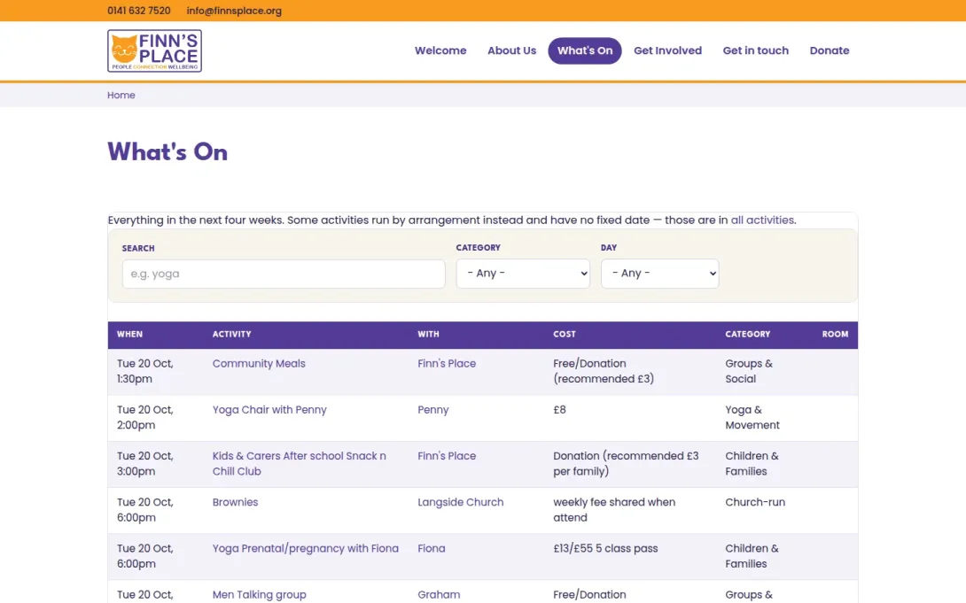 The rebuilt What's On page: an intro line, search box, category and day filters, and a table of activities by date
