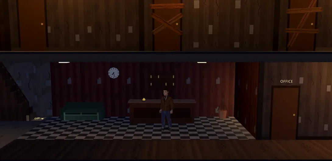 The lobby of the Hotel Paradiso: a lone figure in a brown coat by the reception desk, boarded-up doors upstairs, graffiti reading "Vito owns this street"