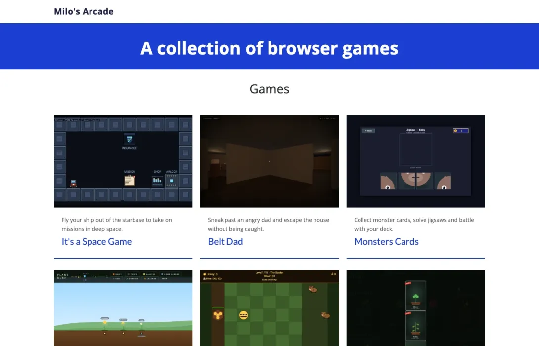 The front page of Milo's Arcade: a grid of browser games with screenshots and one-line descriptions